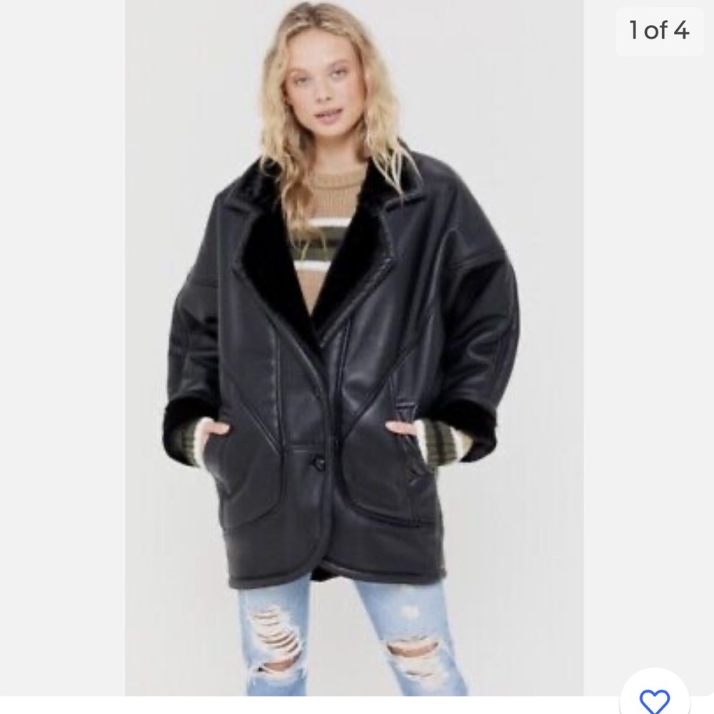 Urban Outfitters Oversized Faux Leathering Shearling Fur Trimmed Coat